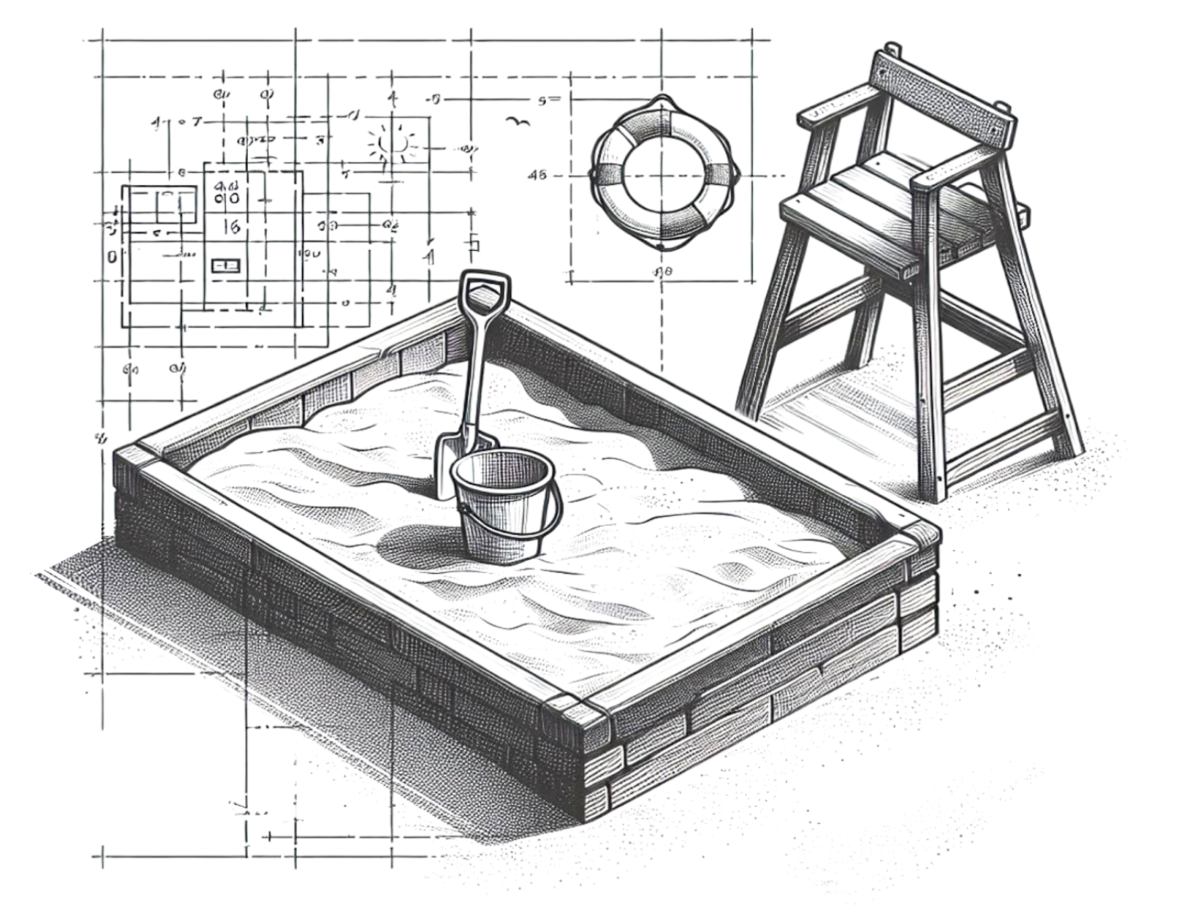 The image is a detailed black-and-white technical drawing of a sandbox area. It features a rectangular sandbox filled with sand, with a shovel and bucket inside. To the right of the sandbox, there is a lifeguard chair. Above the sandbox, there is an overhead view of a life preserver ring. In the background, there are architectural plans and measurements for constructing the sandbox area, including various dimensions and structural details.